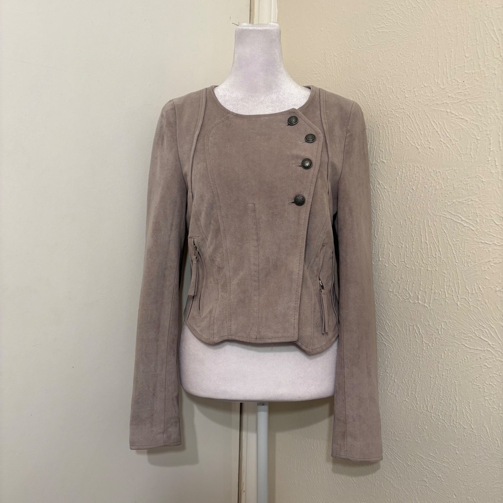 Tan Taupe Faux Suede Asymmetric Military Moto Jacket Cropped Boho Biker Chic S